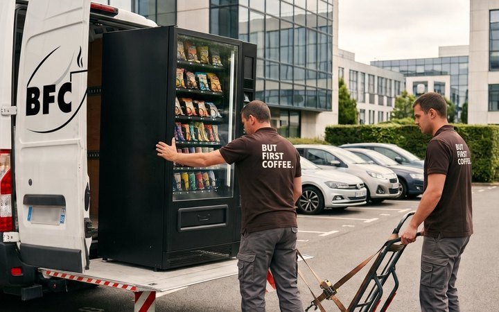 Deux techniciens BFC déchargent un distributeur d'un utilitaire