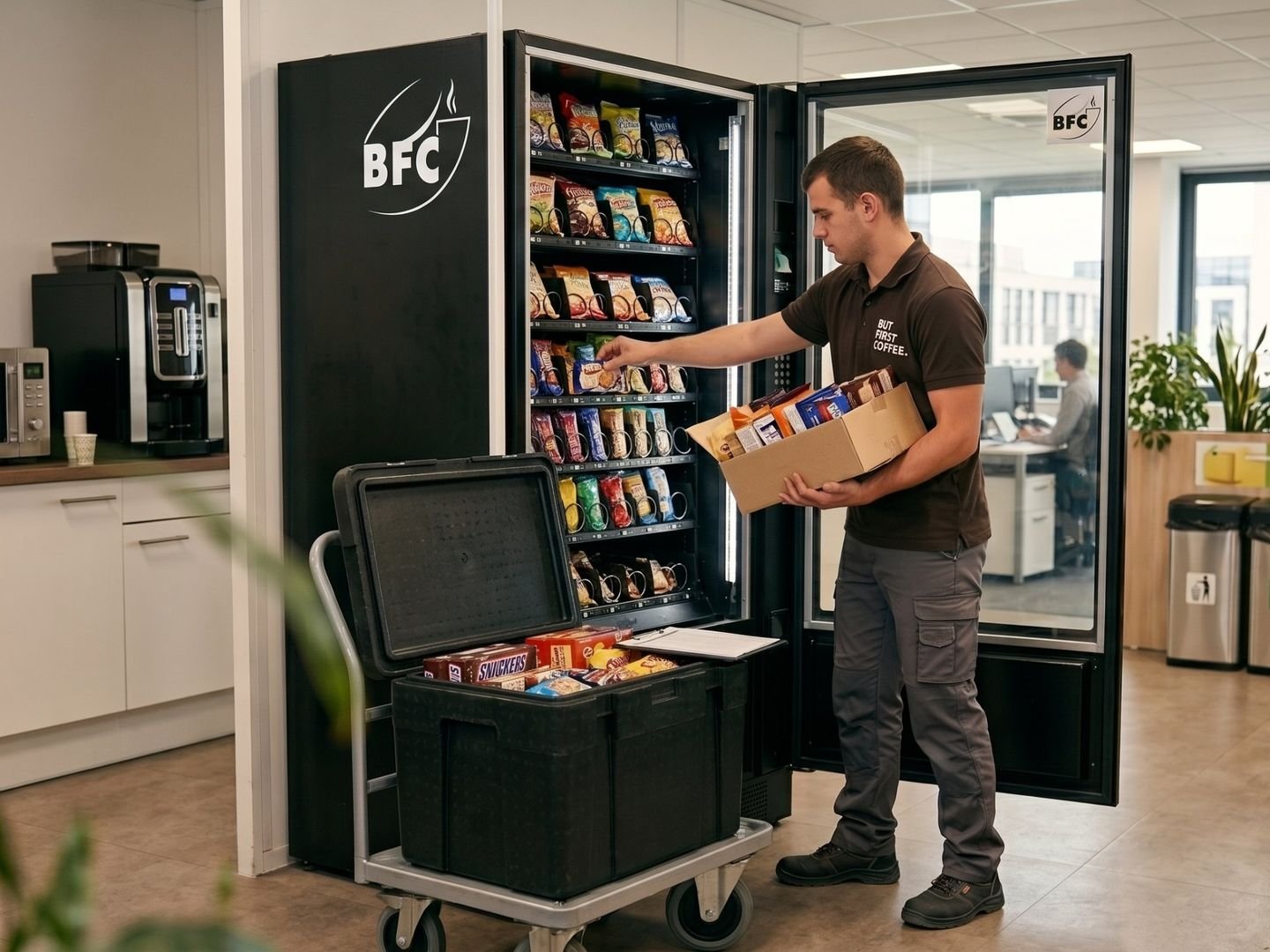 Technicien But First Coffee réapprovisionnant un distributeur dans un espace de bureaux
